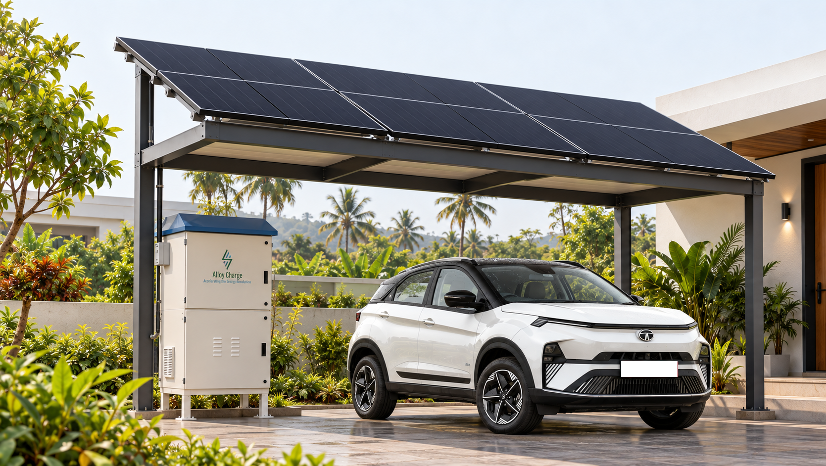 Solar carport with Alloy Charge unit powering a Tata EV