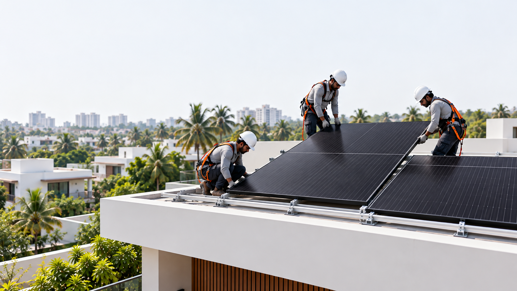 Workers installing solar panels on a rooftop