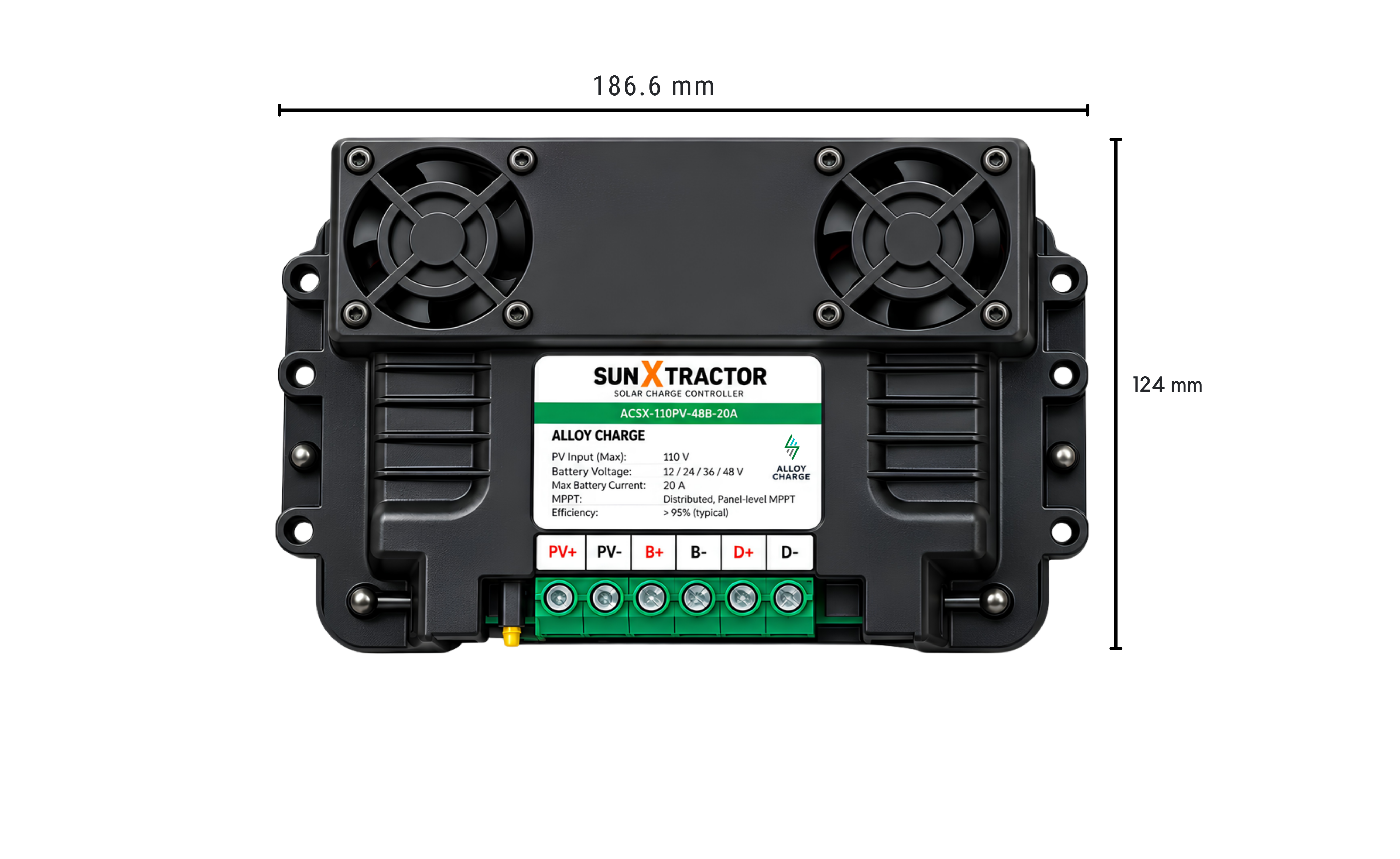 SunXtractor ACSX-110PV-48B-20A dimensions — 186.6 mm × 124 mm